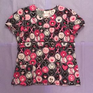 White Cross Pink Ribbons Hearts Scrub Top Medium